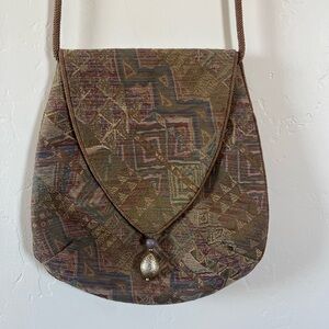 Vintage Tan and Blue Tapestry Beaded Crossbody Bag